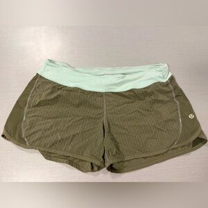 Lululemon Running Shorts Olive Green Mint Waistband Rear Zip Pocket